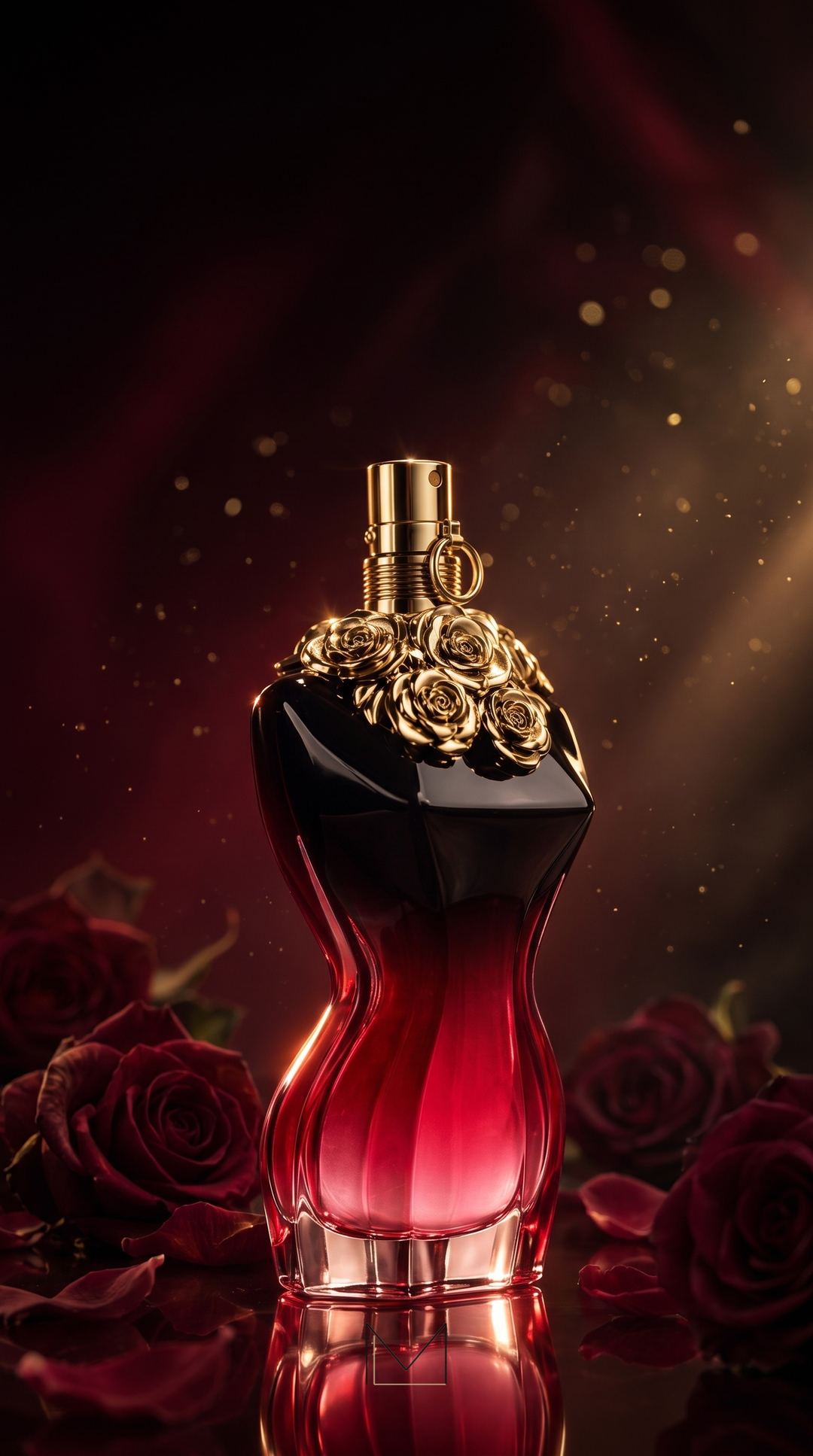 Flacon La Belle rouge et noir entouré de roses dans une lumière dorée