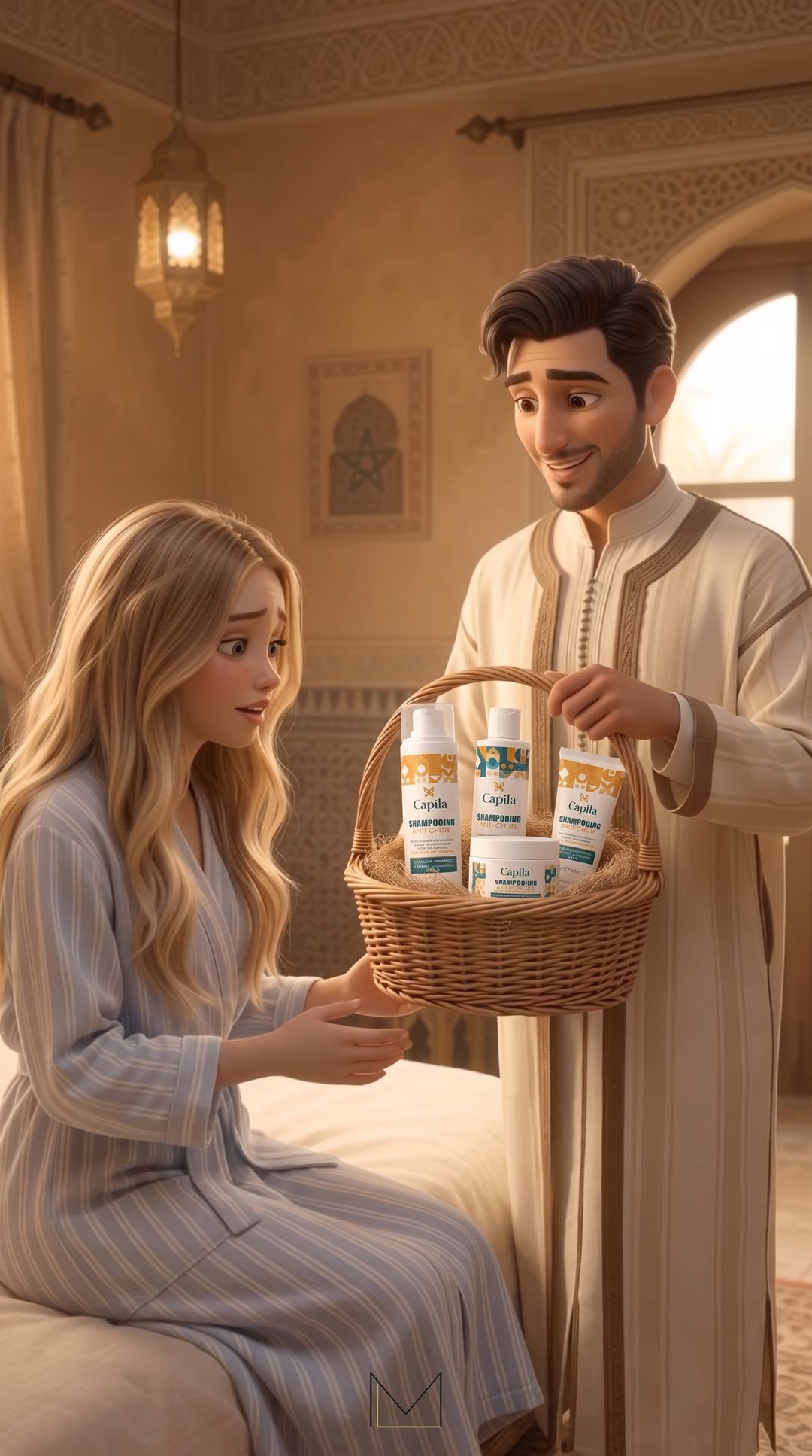 Un homme en tenue traditionnelle marocaine offre un panier de produits Capila à une femme aux cheveux longs