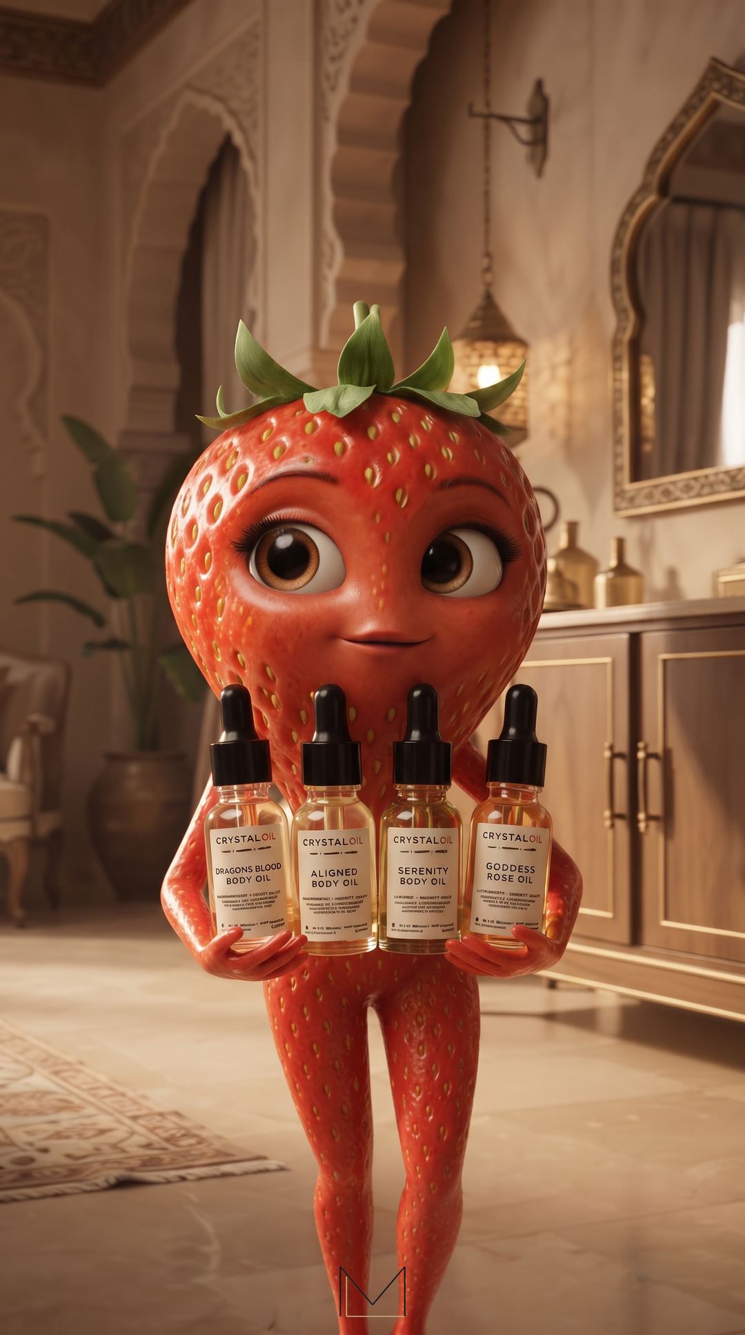 Personnage fraise souriant présentant quatre flacons d’huile corporelle Crystal Oil