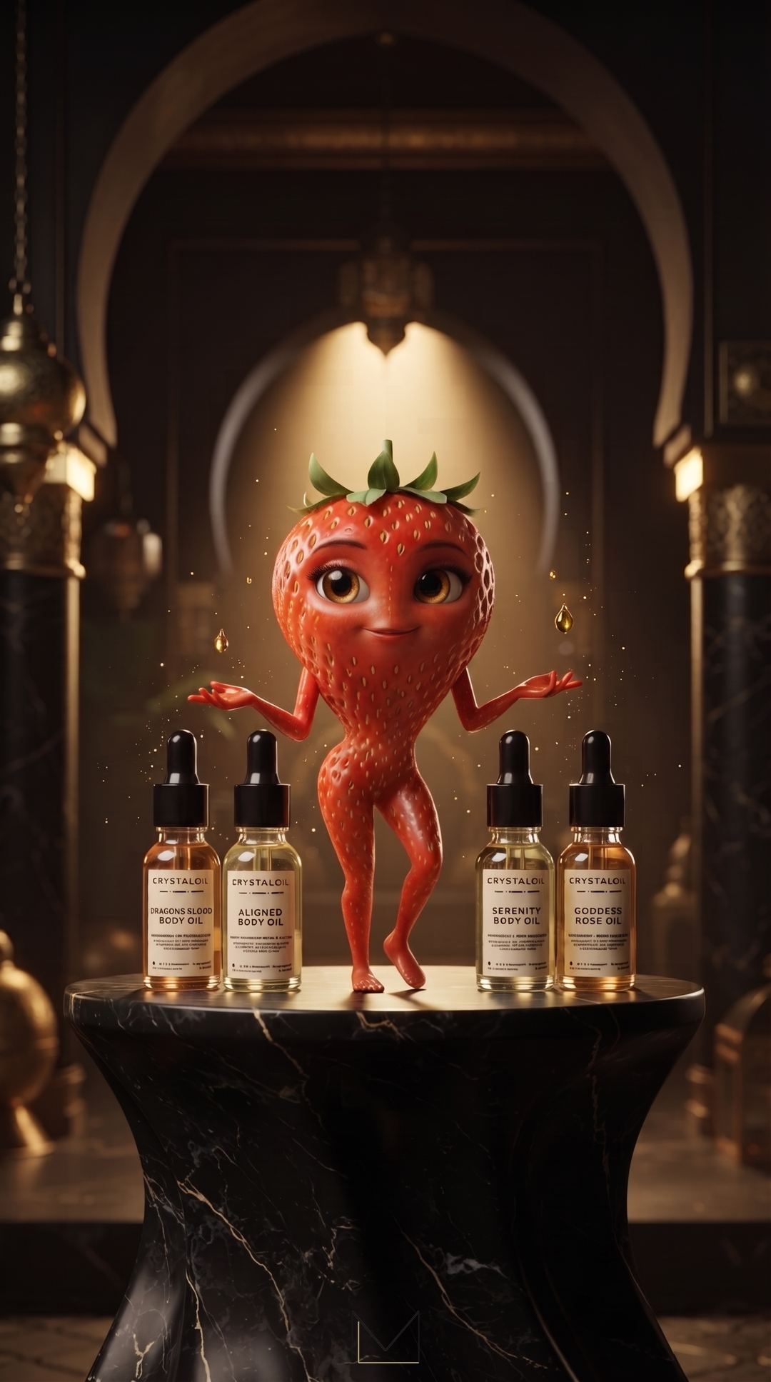Personnage fraise dansant sur un socle en marbre noir entouré de flacons Crystal Oil