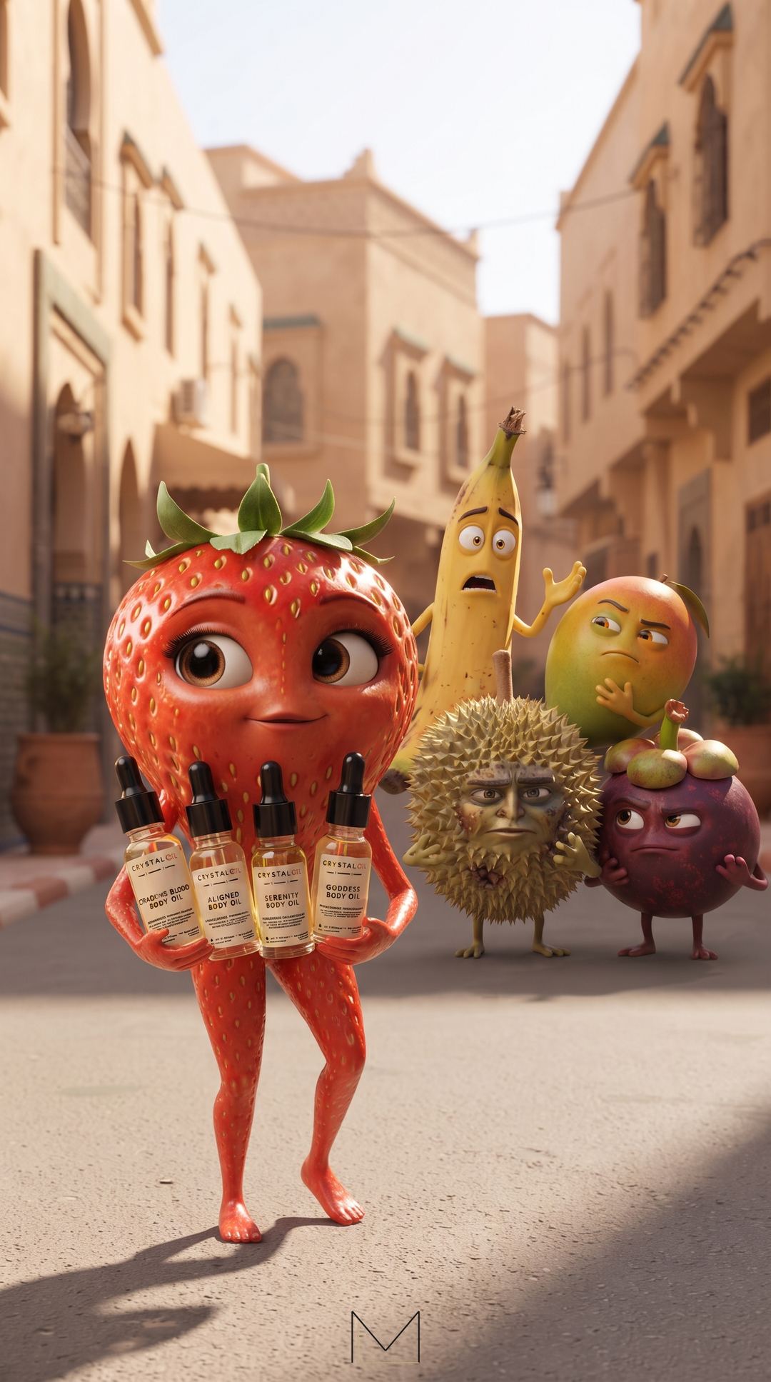 Personnage fraise tenant les huiles Crystal Oil devant une banane et des fruits à l’air contrarié