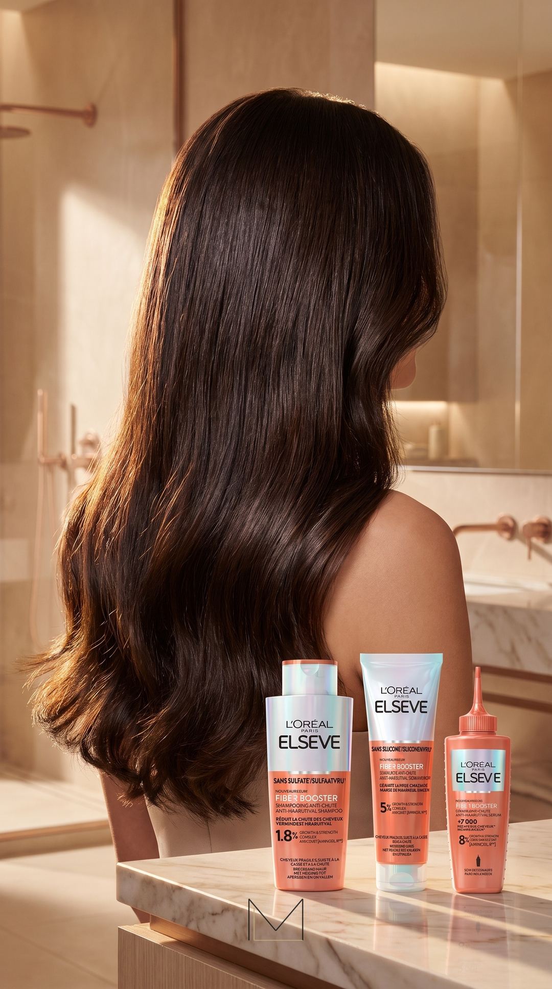 Cheveux longs et brillants avec une gamme de soins capillaires