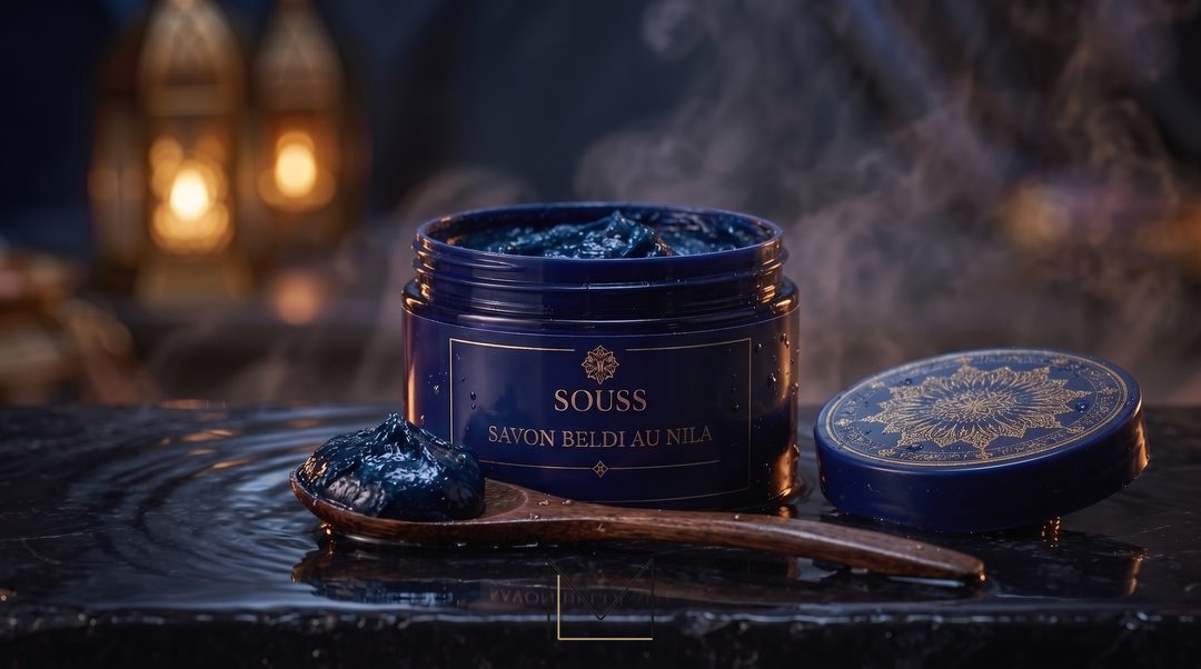 Savon Beldi au Nila, savon noir traditionnel teinté de bleu indigo
